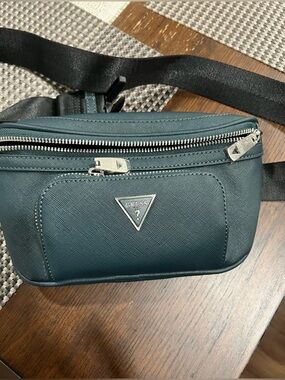 GUESS Men's Teal-Blue Belt Bag with Silver Hardware